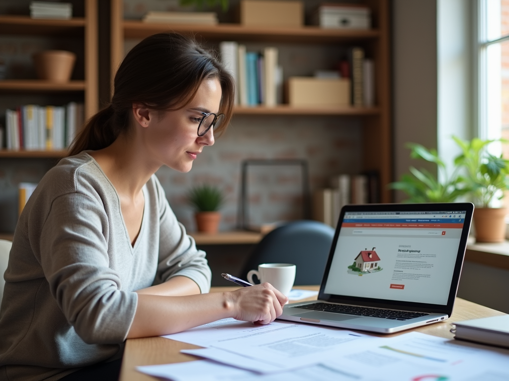 Person reviewing mortgage documents and applying online in a home office