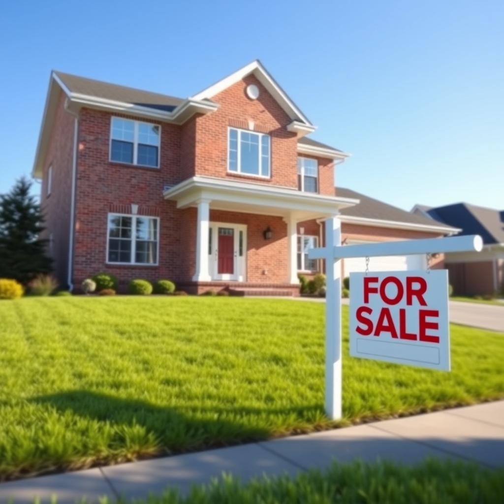 Modern two-story brick family home with a 'For Sale' sign in the front yard.