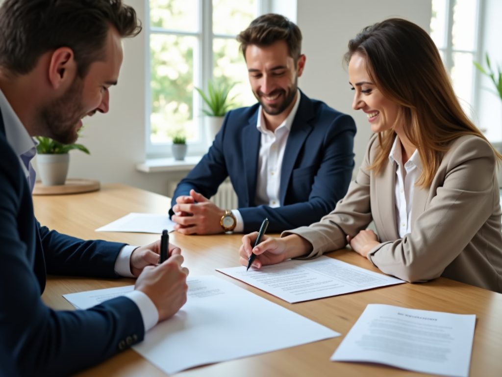 Signing the home purchase agreement with agent and seller.