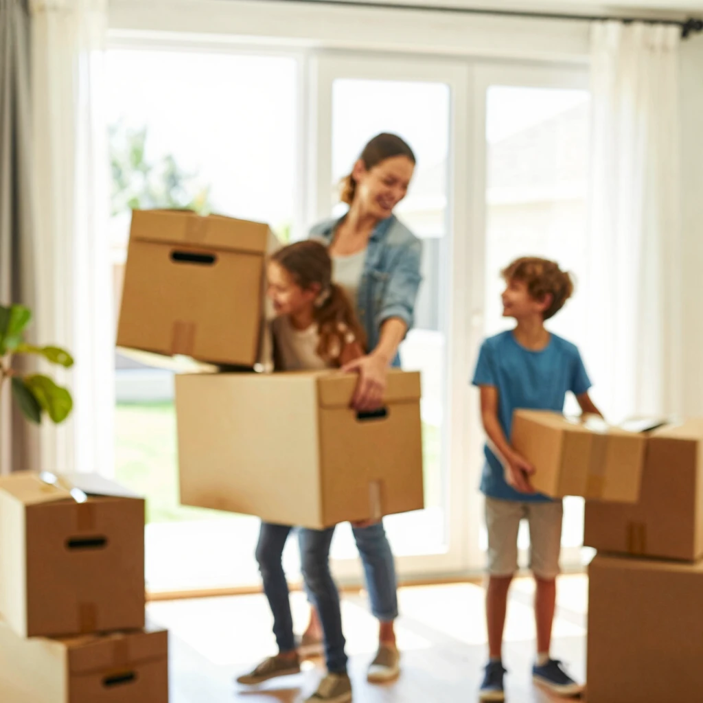 First-time homebuyer family moving into a new suburban home with moving boxes