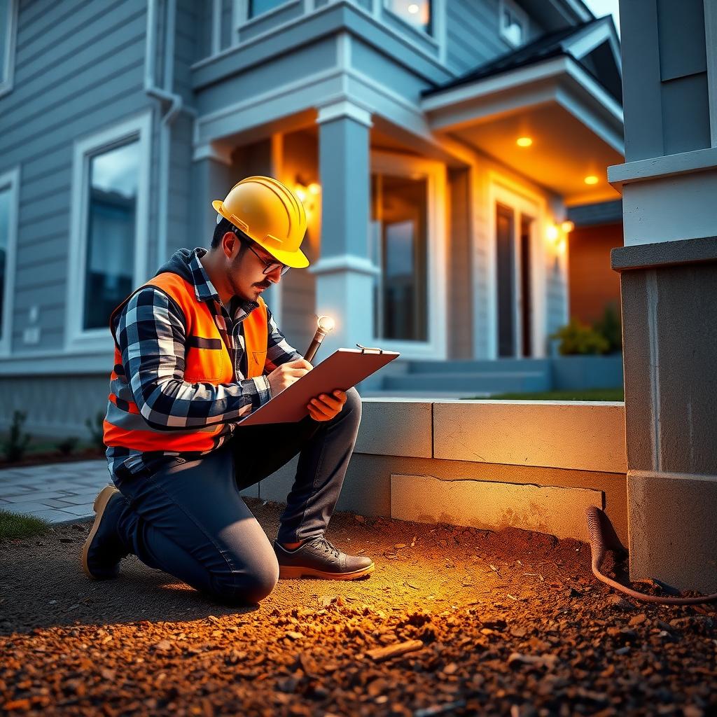 Home inspector checking a house foundation with a flashlight and clipboard.