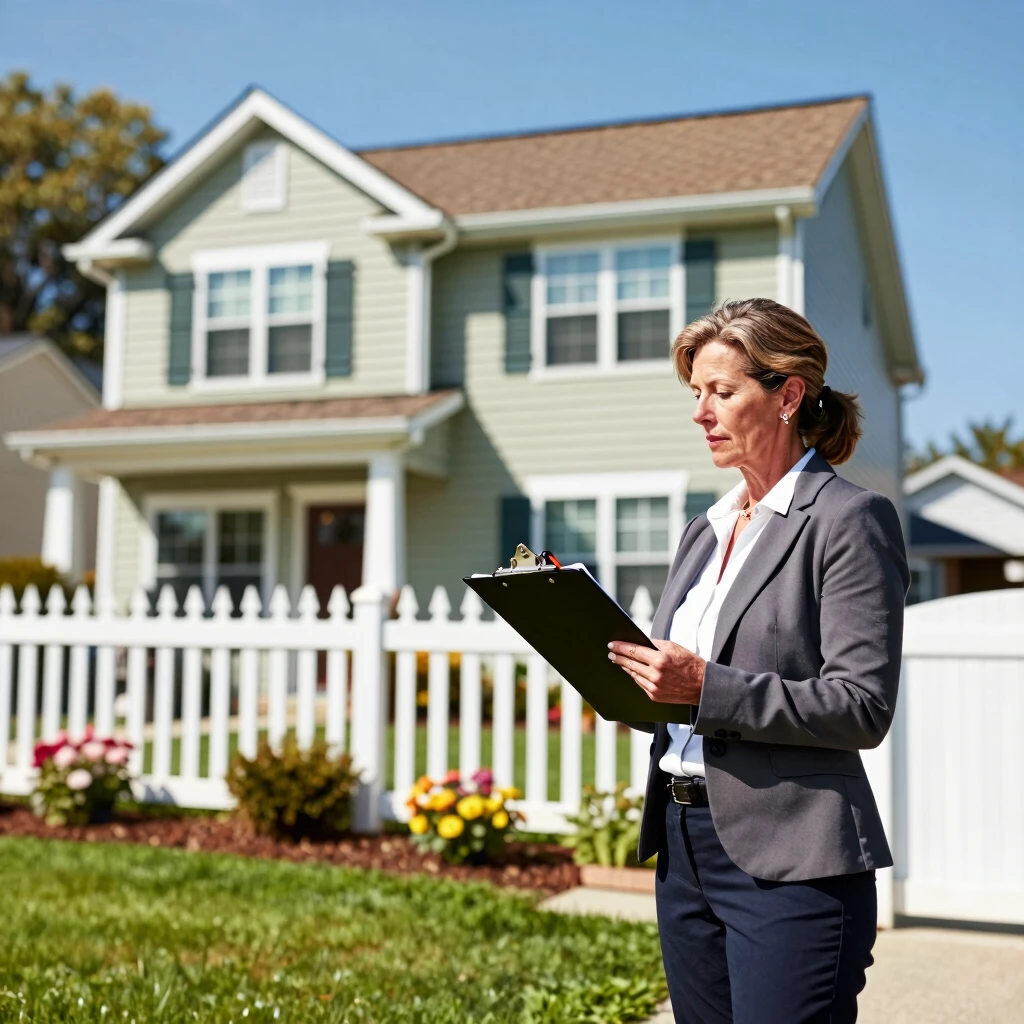 Appraiser examining the exterior of a suburban home