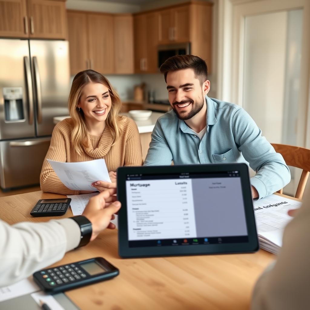 Couple reviewing mortgage documents with a lender at a kitchen table.