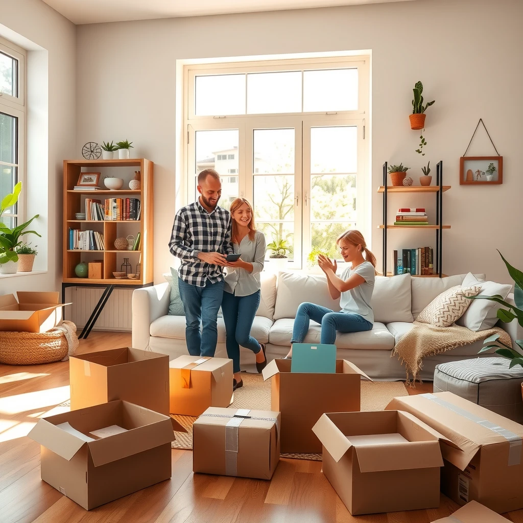 Family unpacking and decorating their new living room