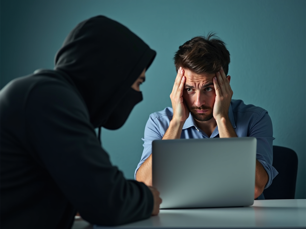 Person checking credit report with a cybercriminal in the background
