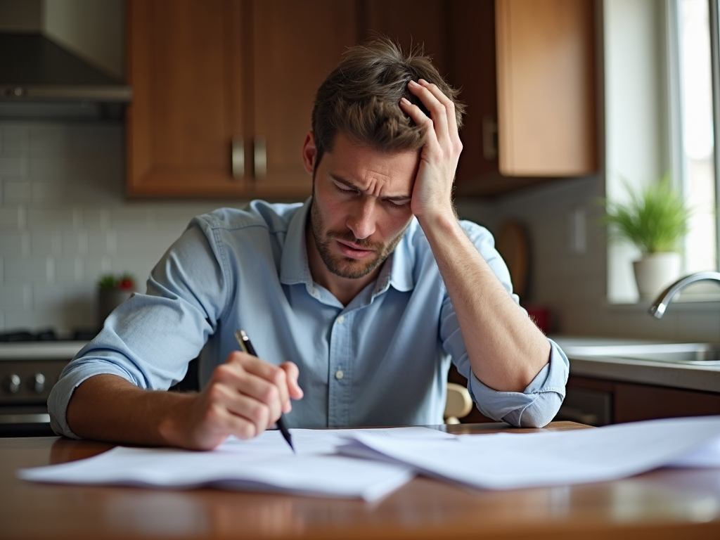 A stressed homebuyer reviewing mortgage documents, illustrating the impact of appraisal issues.