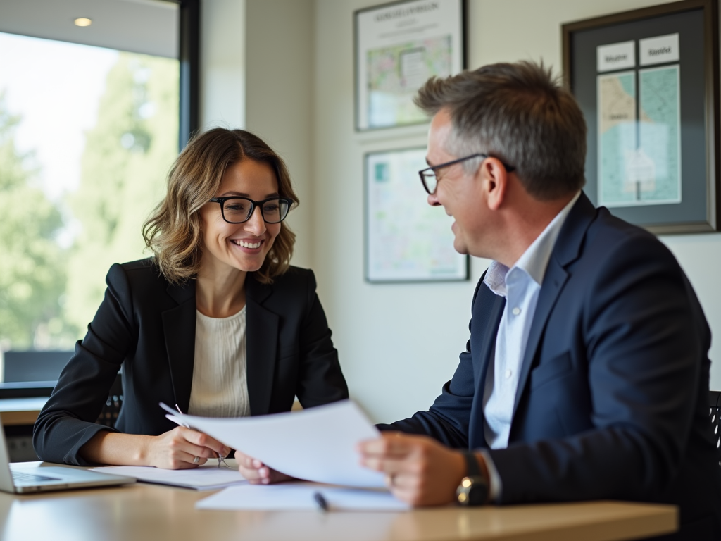 Mortgage broker consulting with a client in an office setting