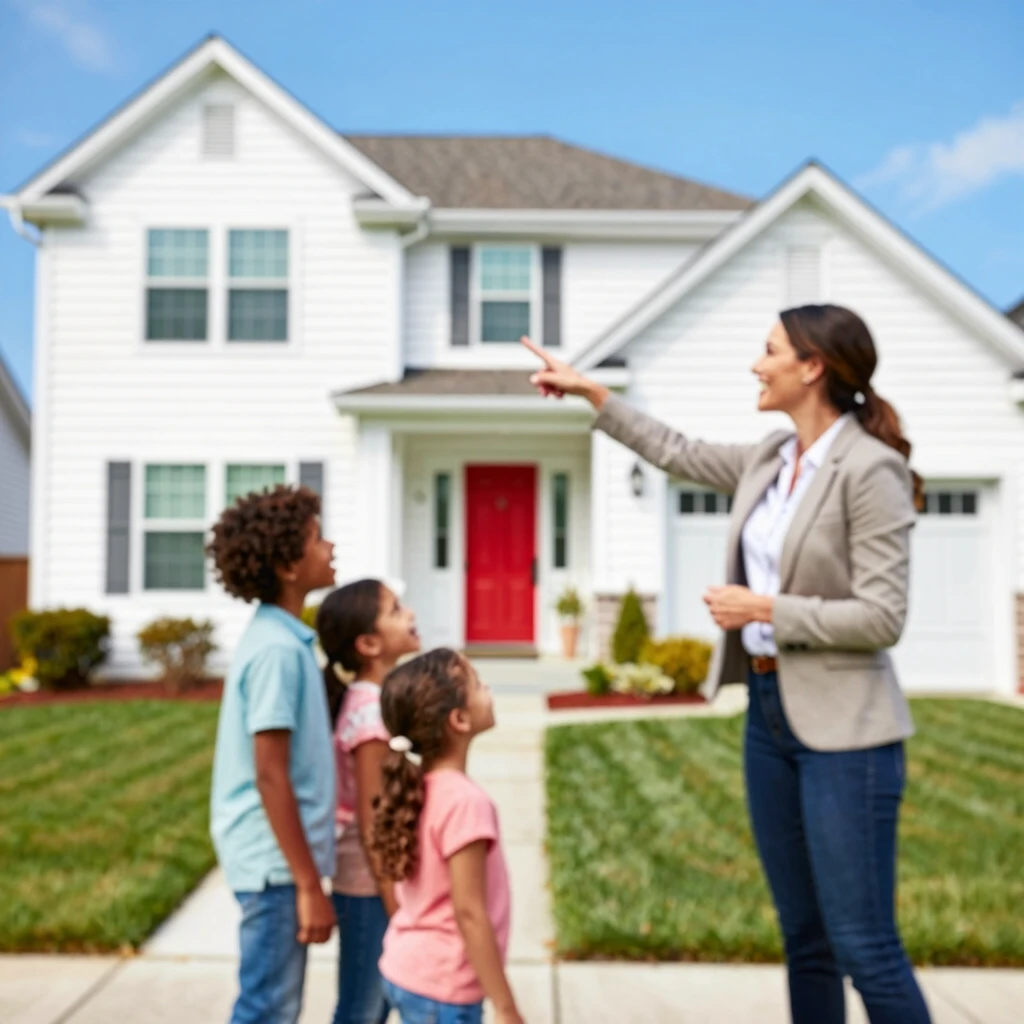 Family excitedly touring a potential new home with their real estate agent