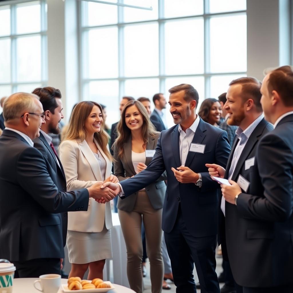 Mortgage professionals networking at a conference in a modern setting.