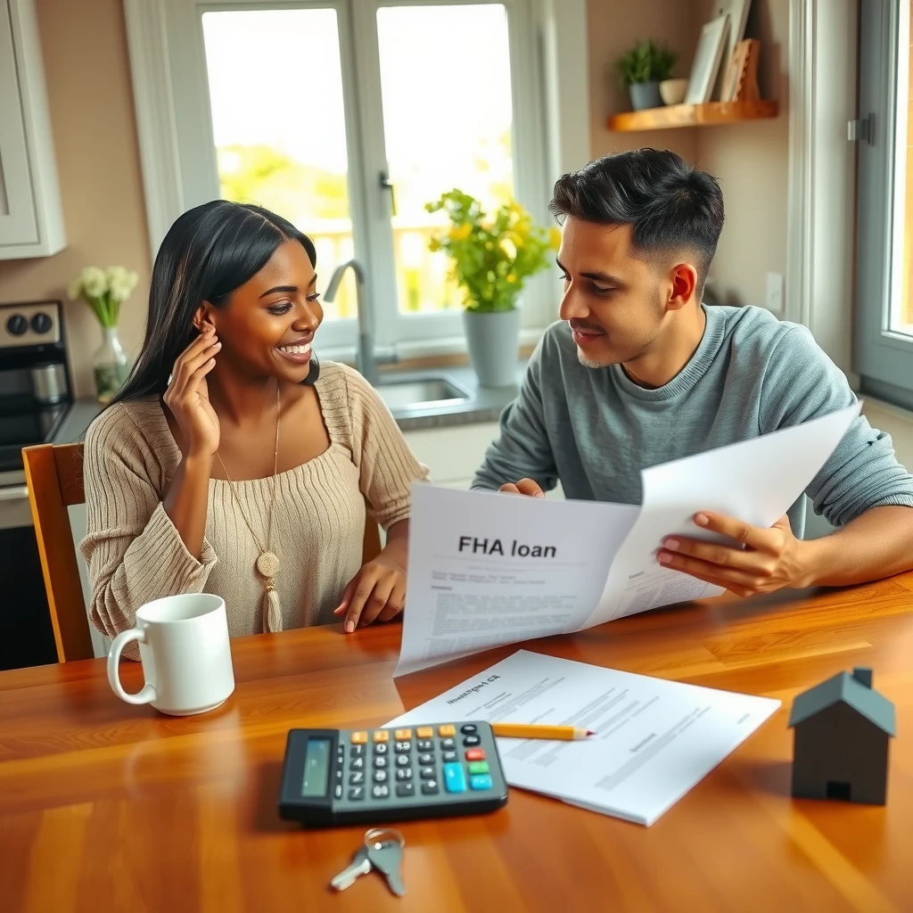 Young couple reviewing mortgage documents at kitchen table