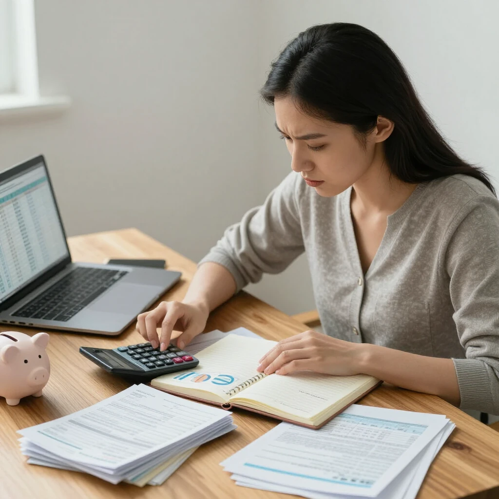 Person budgeting and saving money at desk with financial tools