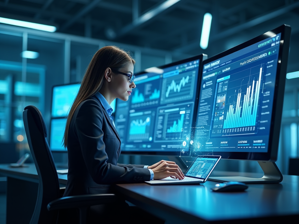 Mortgage broker utilizing AI and FinTech tools in a modern office setting.