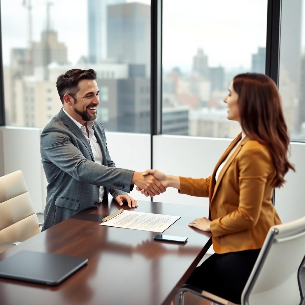 Mortgage lender and homebuyer shaking hands in an office
