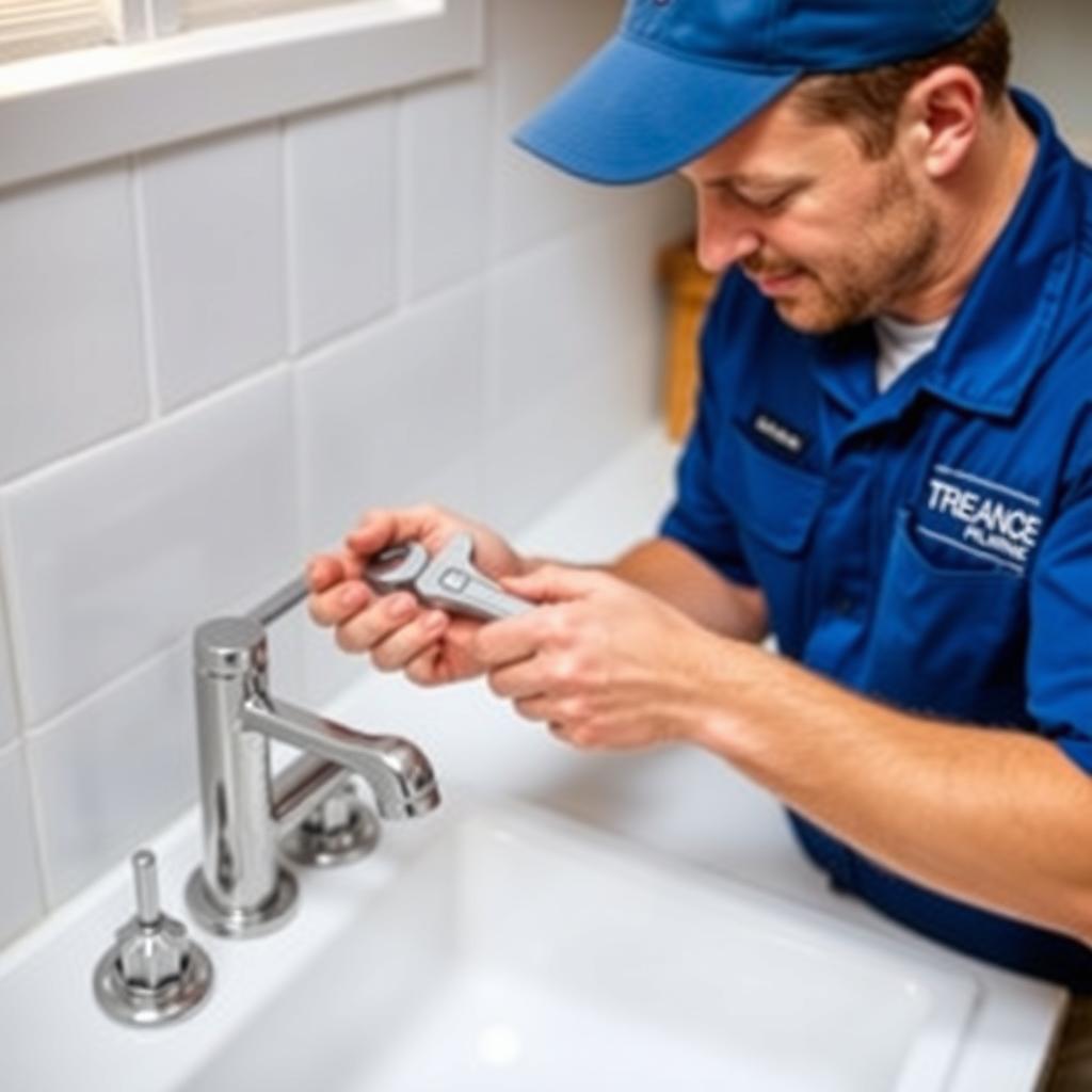 Plumber fixing leaky faucet