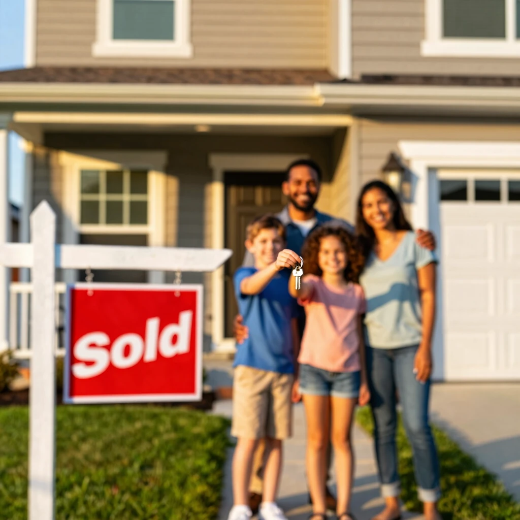 Happy family receiving keys to their new home