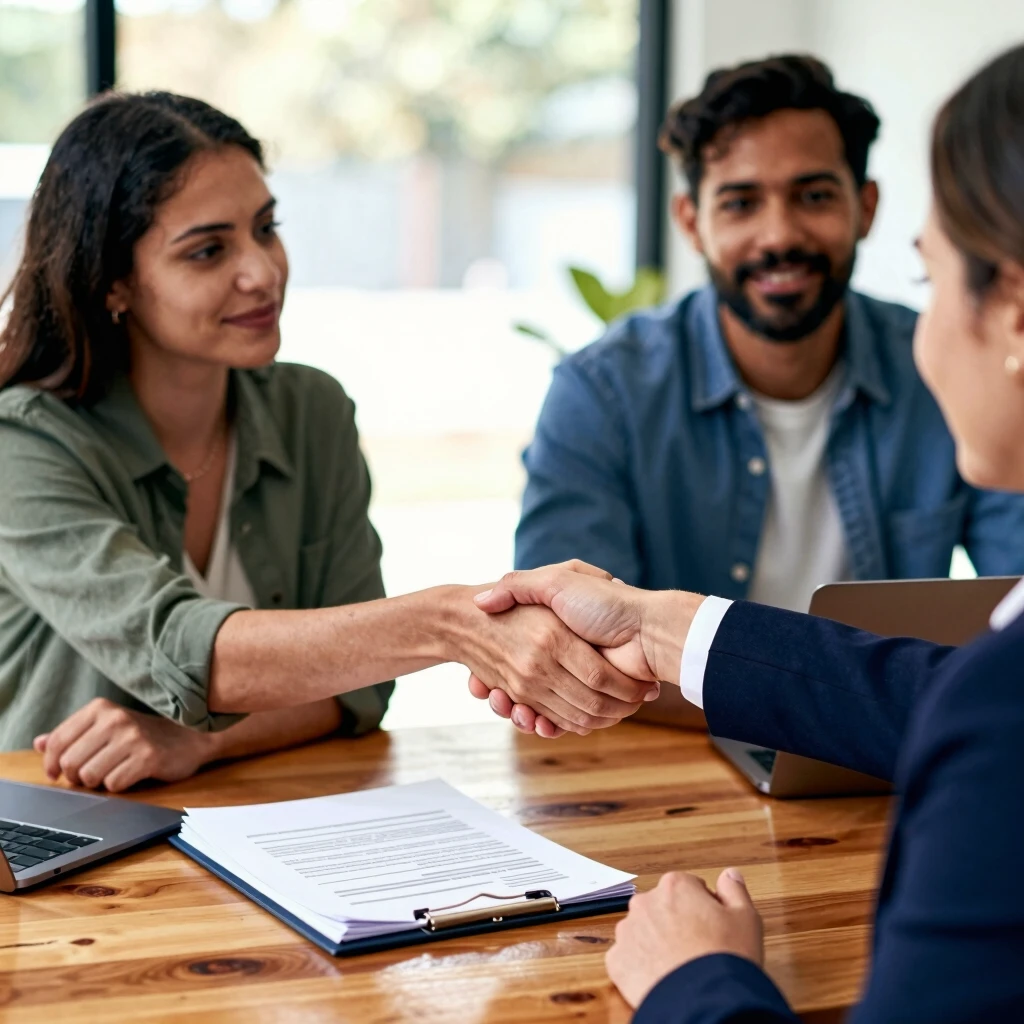 Couple and real estate agent finalizing a property deal with documents