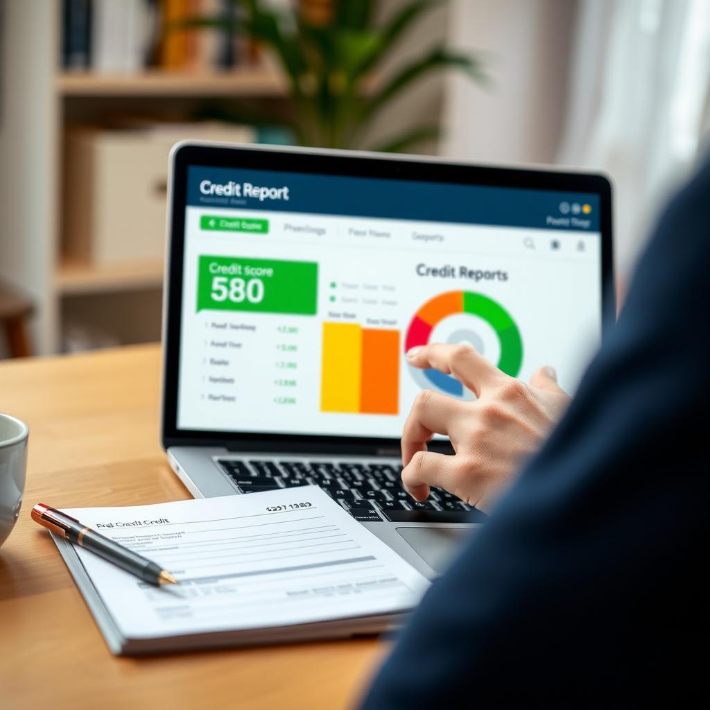Person reviewing a credit report on a laptop, displaying a score of 580.