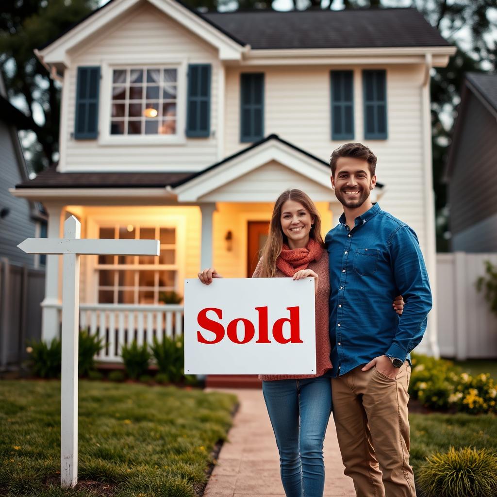 Young couple holding a 'Sold' sign outside their new two-story home.