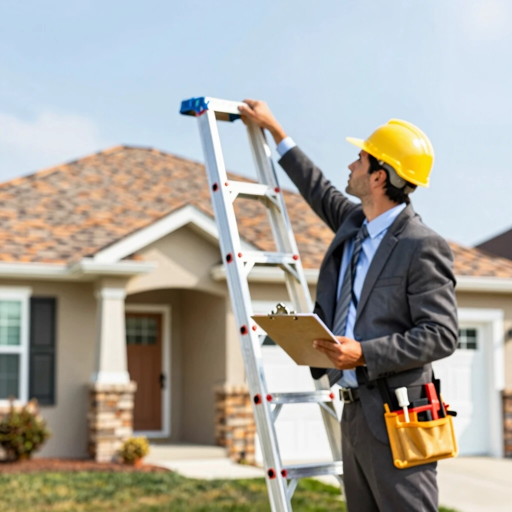 Home appraiser inspecting house exterior and roof