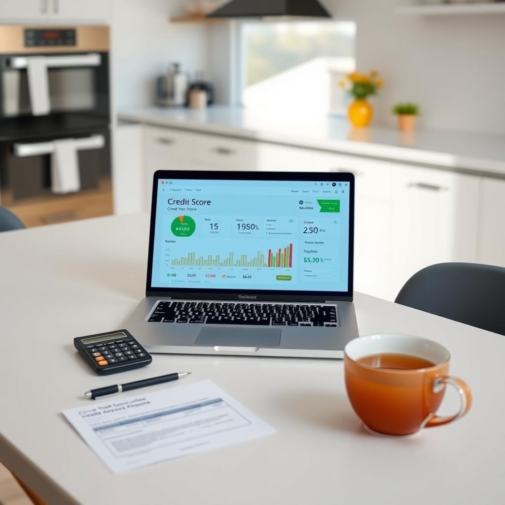 Laptop showing credit score dashboard on a kitchen table with mortgage documents.