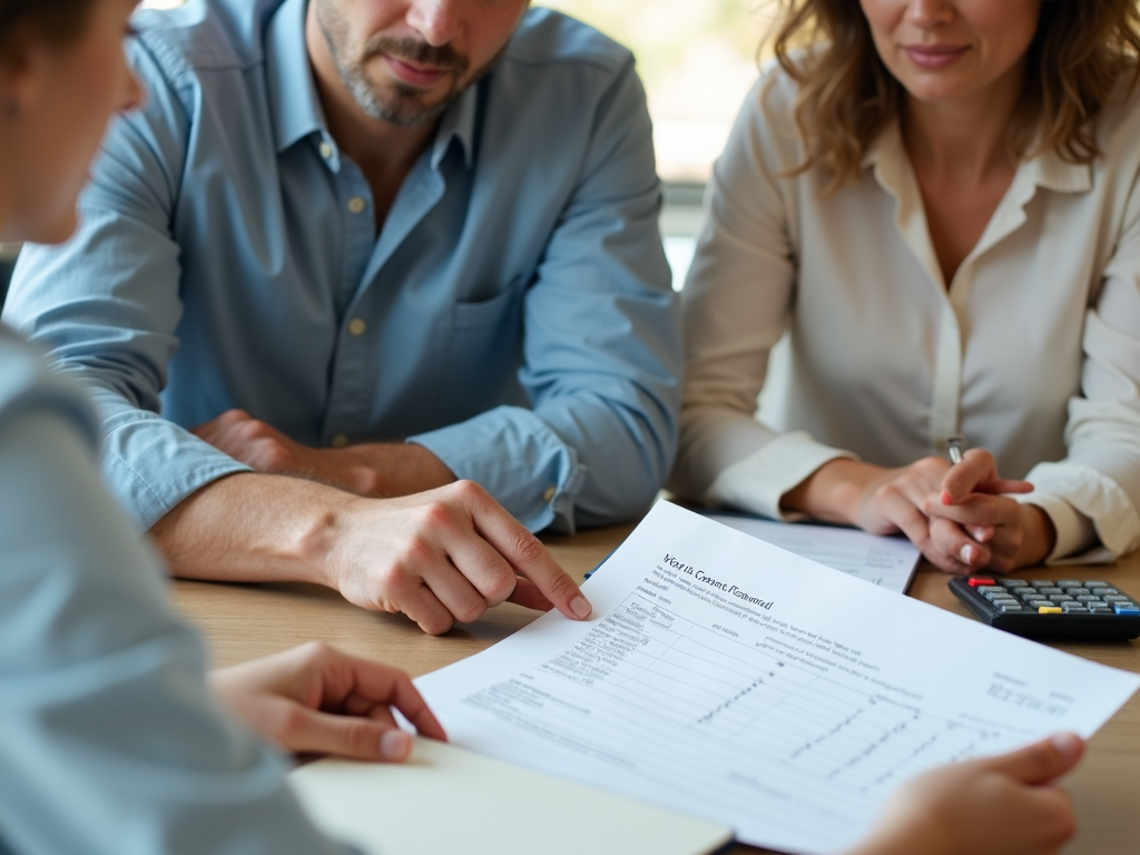 Couple reviewing closing cost documents with real estate agent