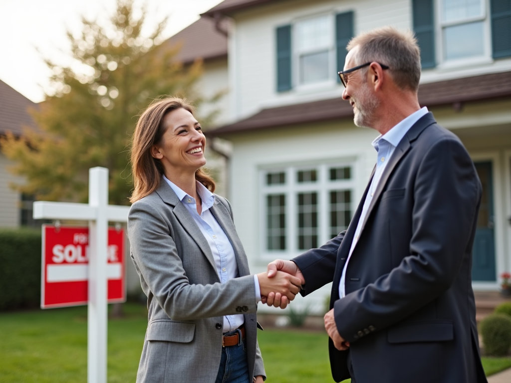 A happy client finalizing a mortgage deal with a broker.