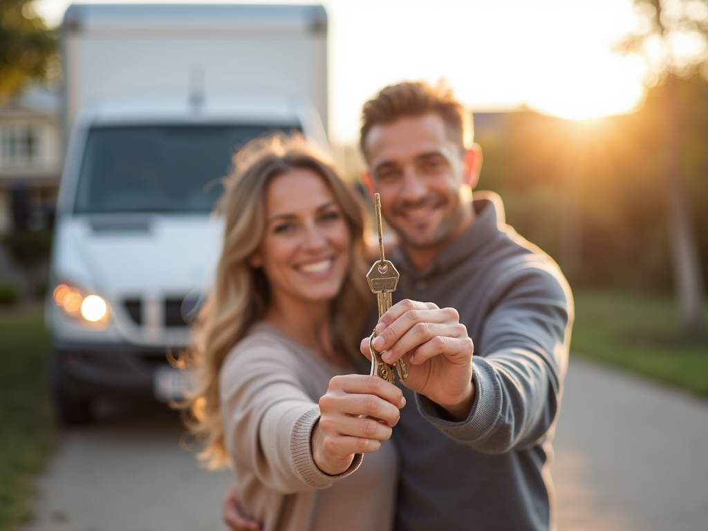 Family with keys in front of new home