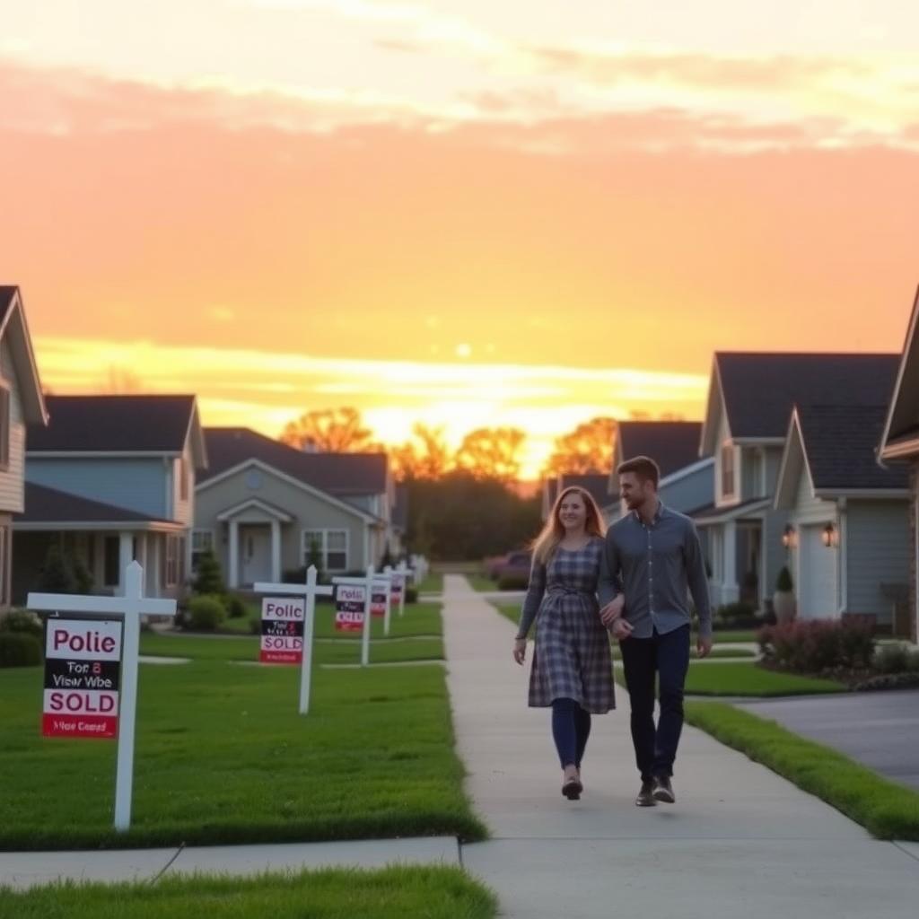 Suburban neighborhood at sunset with 'Sold' signs on homes and a couple walking.